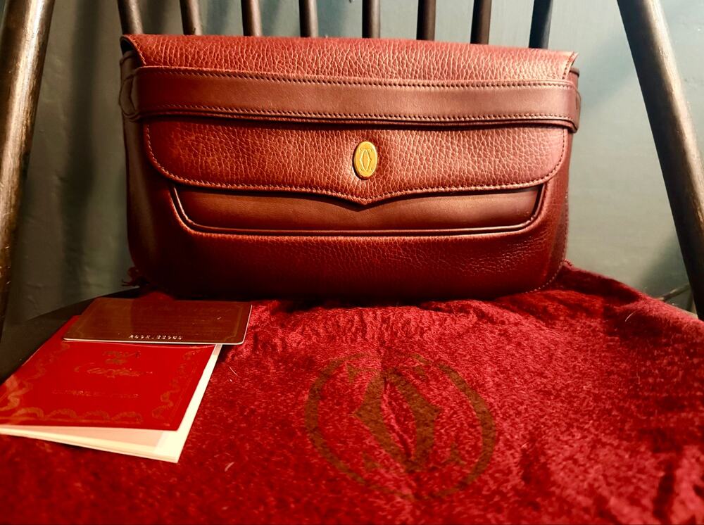 Vintage Must de Cartier Burgundy Leather Clutch Original Dust Bag & Papers + COA